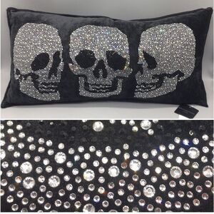 M. Magaschoni designer black velvet feather lumbar pillow accent/skulls bling